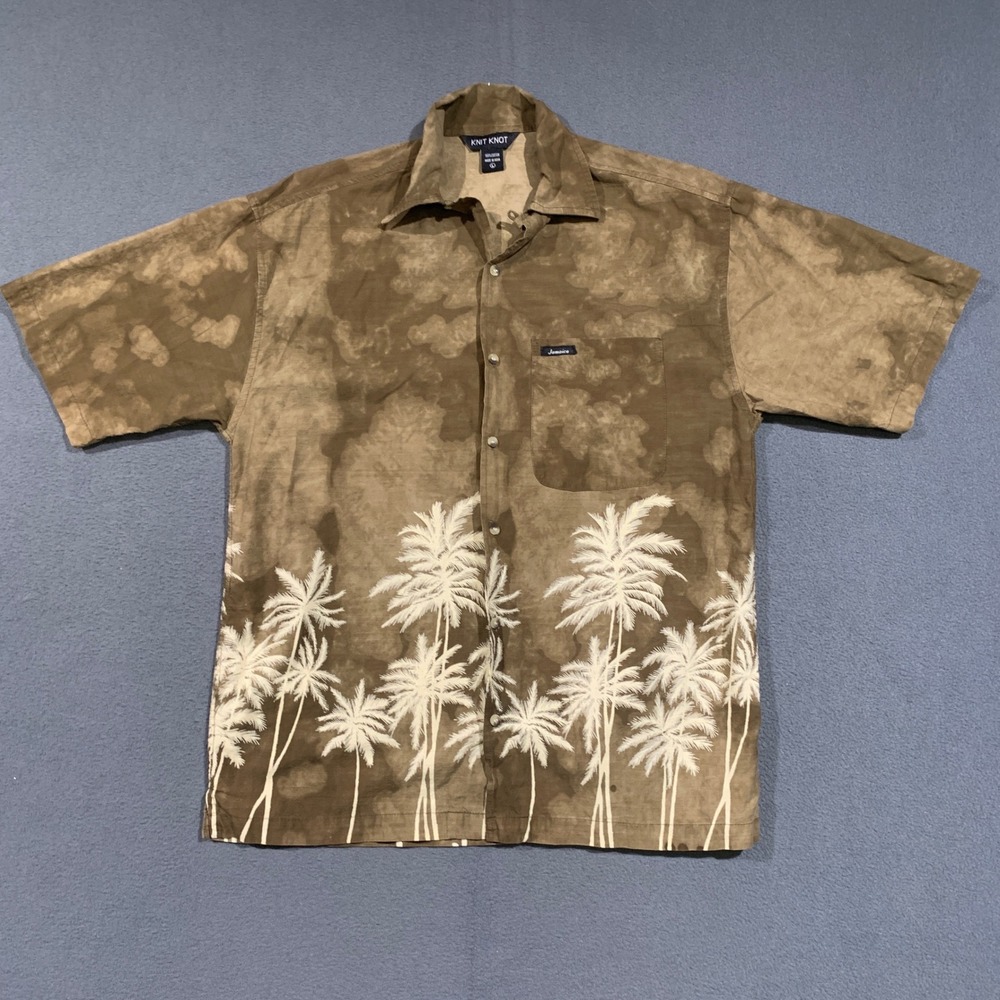 Knit Knot Button Down Shirt Mens Large Brown Palm Tree Acid Wash Jamaica Shirt